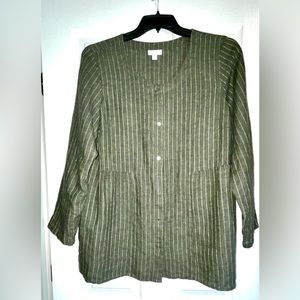 Green long sleeve button down top by PureJill, size L, 100% linen.
